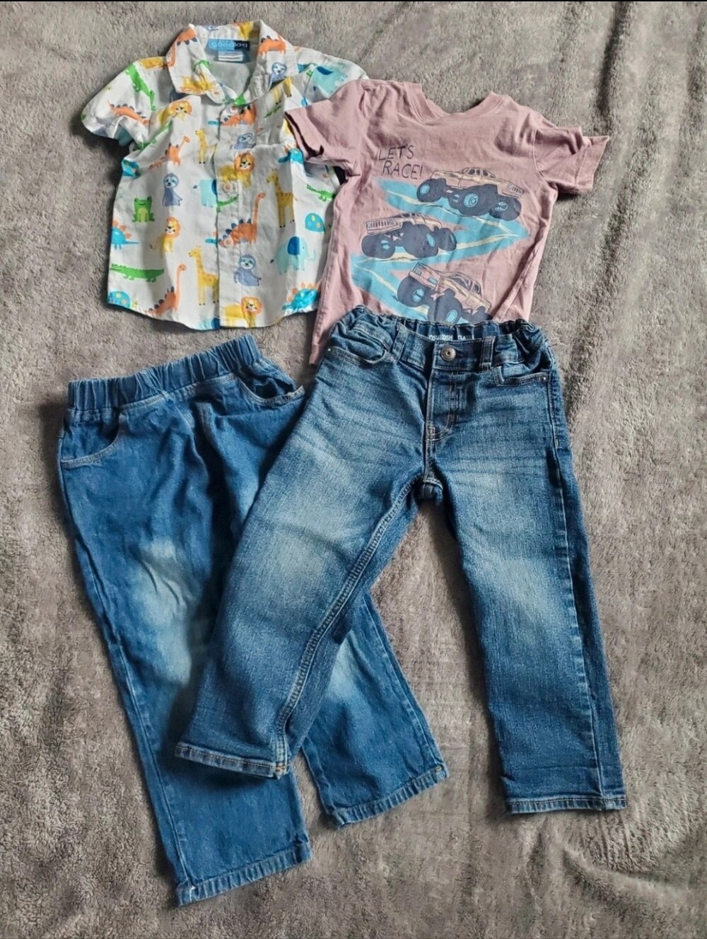 Toddler Boy 3T Bundle 4 Pc-  Dino Button-Up & Race Tee Outfit with Denim Jeans